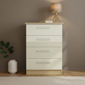 Knightsbridge Midi Cream Gloss and Light Oak 4 Drawer Chest