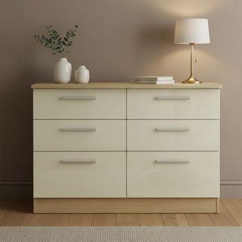 Knightsbridge Midi Cream Gloss and Light Oak 6 Drawer Chest
