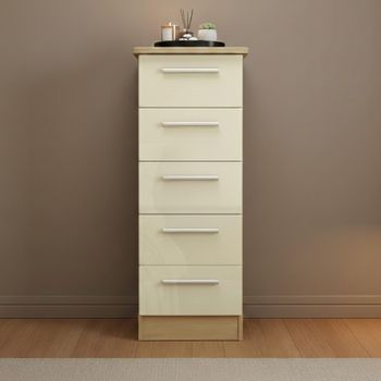Knightsbridge Cream Gloss and Light Oak Narrow 5 Drawer Chest