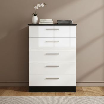 Knightsbridge White Gloss and Black 5 Drawer Chest