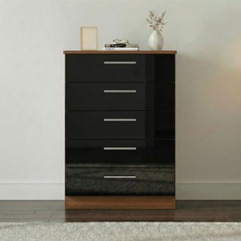 Knightsbridge Black Gloss and Walnut 5 Drawer Chest