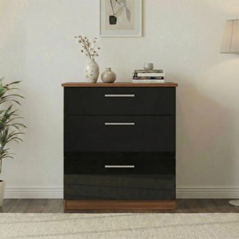Knightsbridge Black Gloss and Walnut 3 Drawer Deep Chest