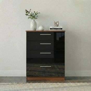 Knightsbridge Black Gloss and Walnut 4 Drawer Deep Chest