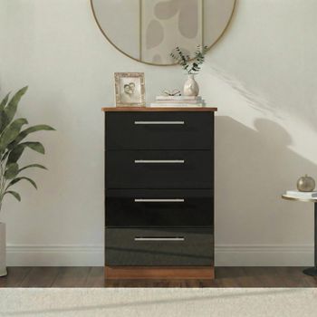 Knightsbridge Midi Black Gloss and Walnut 4 Drawer Chest