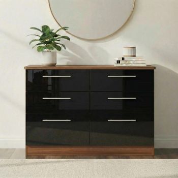 Knightsbridge Midi Black Gloss and Walnut 6 Drawer Chest