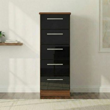 Knightsbridge Black Gloss and Walnut Narrow 5 Drawer Chest