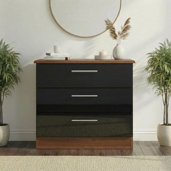 Knightsbridge Black Gloss and Walnut 3 Drawer Small Chest