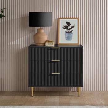Zara Black 3 Drawer Fluted Chest with Gold Legs