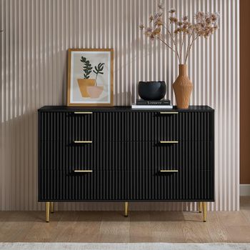 Zara Black 6 Drawer Fluted Chest with Gold Legs