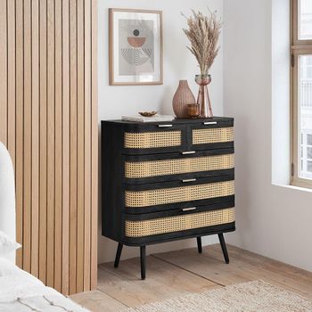 Noah Black and Rattan 2+3 Drawer Chest