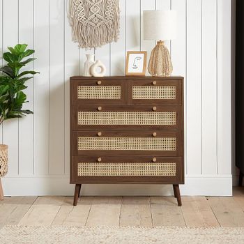 Croxley Walnut and Rattan 2+3 Drawer Chest