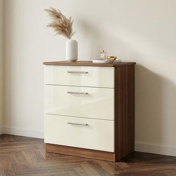 Knightsbridge Cream Gloss and Walnut 3 Drawer Deep Chest