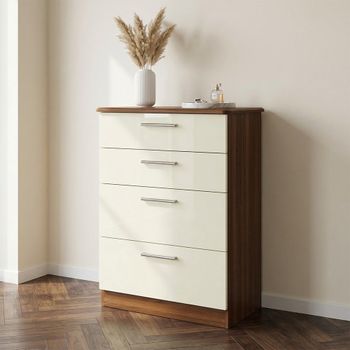 Knightsbridge Cream Gloss and Walnut 4 Drawer Deep Chest