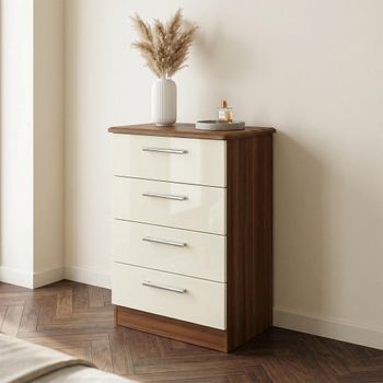 Knightsbridge Cream Gloss and Walnut 4 Drawer Midi Chest
