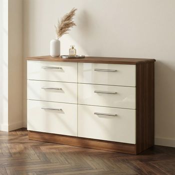 Knightsbridge Cream Gloss and Walnut 6 Drawer Midi Chest
