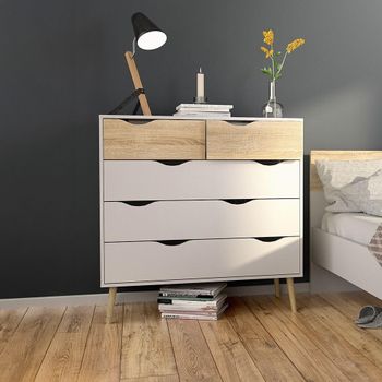 Oslo White and Oak 5 Drawer Chest