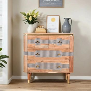 Wilton Gold Trim Acacia Wood 2+2 Drawer Ribbed Chest
