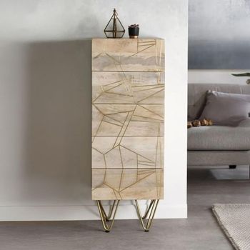 Gold Geometric Inlay Light Mango Wood 5 Drawer Tall Chest with Hairpin Legs