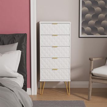 Harlequin White Matt 5 Drawer Narrow Chest with Hairpin Legs