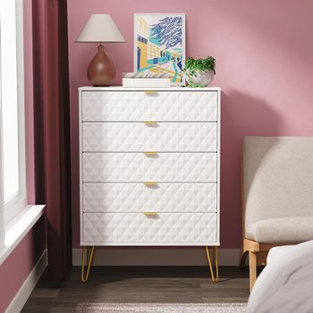 Harlequin White Matt 5 Drawer Wide Chest with Hairpin Legs