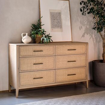 Casera Natural Rattan and American Oak 6 Drawer Wide Chest