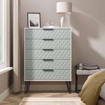 Harlequin Duck and White Matt 5 Drawer Wide Chest with Hairpin Legs