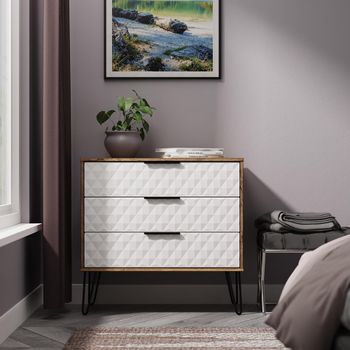 Harlequin White Matt and Vintage Oak 3 Drawer Chest with Hairpin Legs