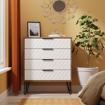 Harlequin White Matt and Vintage Oak 4 Drawer Chest with Hairpin Legs