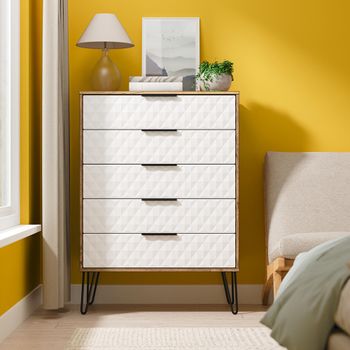 Harlequin White Matt and Vintage Oak 5 Drawer Wide Chest with Hairpin Legs