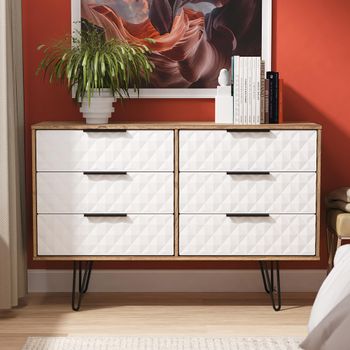 Harlequin White Matt and Vintage Oak 6 Drawer Midi Chest with Hairpin Legs