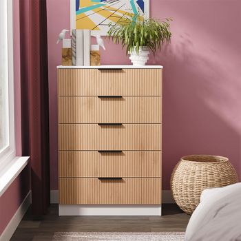 Java Fluted Effect Natural and White 5 Drawer Wide Chest