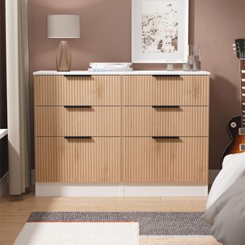Java Fluted Effect Natural and White 6 Drawer Midi Chest