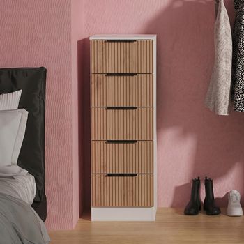 Java Fluted Effect Natural and White 5 Drawer Narrow Chest