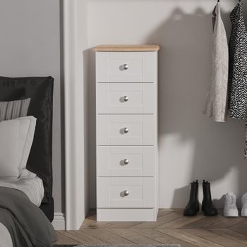 Sussex White and Oak Narrow 5 Drawer Chest