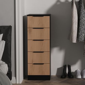 Java Fluted Effect Natural and Black 5 Drawer Narrow Chest