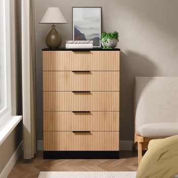 Java Fluted Effect Natural and Black 5 Drawer Wide Chest