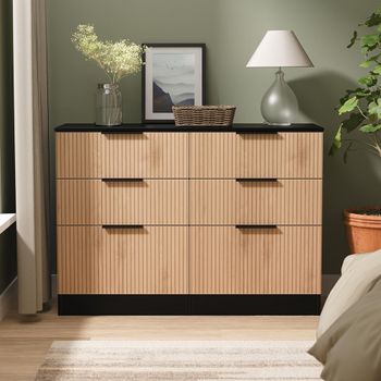 Java Fluted Effect Natural and Black 6 Drawer Midi Chest
