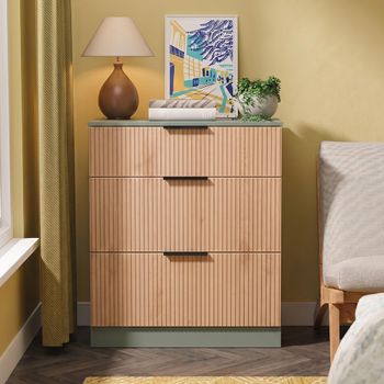 Java Fluted Effect Natural and Reed Green 3 Drawer Deep Chest