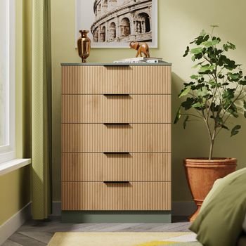 Java Fluted Effect Natural and Reed Green 5 Drawer Wide Chest