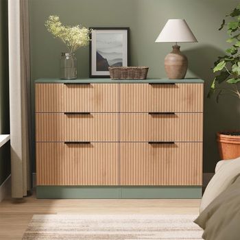 Java Fluted Effect Natural and Reed Green 6 Drawer Midi Chest