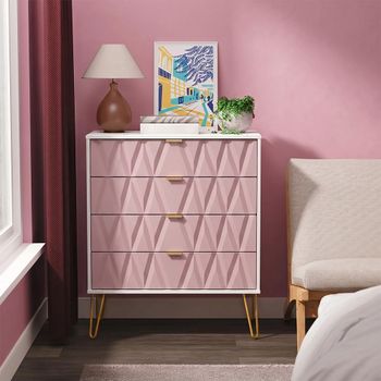 Diamond Pink and White 4 Drawer Chest with Gold Hairpin Legs
