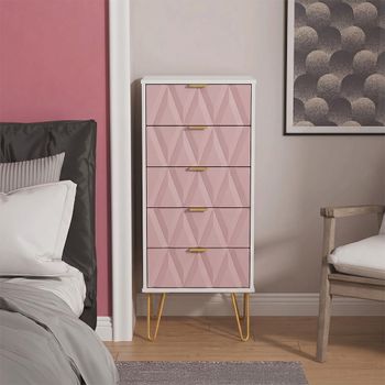 Diamond Pink and White Narrow 5 Drawer Chest with Gold Hairpin Legs