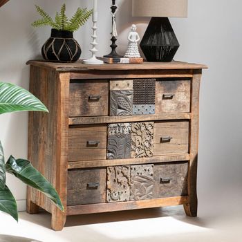 Vintage Brown Recycled Sleeper Wood 3 Drawer Narrow Chest
