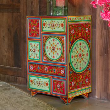 Mumbai Painted Multi Drawer Red and Green Mango Wood 7 Drawer Chest