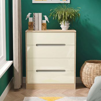 Monaco Cream Gloss and Light Oak 4 Drawer Deep Chest