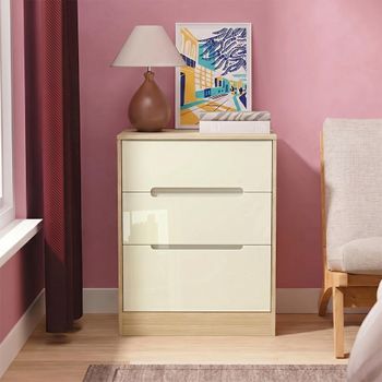 Monaco Cream Gloss and Light Oak 3 Drawer Deep Midi Chest