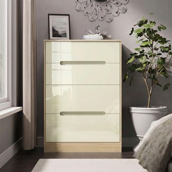 Monaco Cream Gloss and Light Oak 4 Drawer Deep Midi Chest