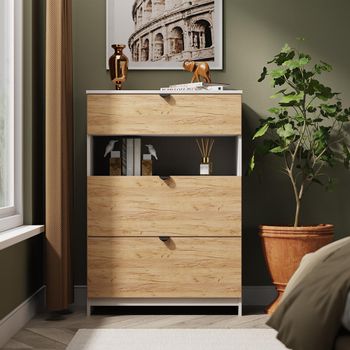 Bora Gold Craft Oak and Kashmir Matt 3 Drawer Open Shelf Deep Chest