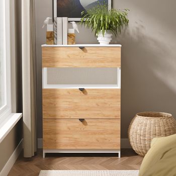 Bora Gold Craft Oak and White Matt 3 Drawer Open Shelf Deep Chest