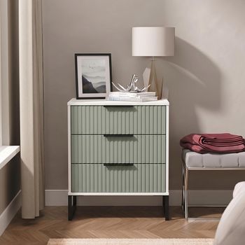 Fluted Reed Green and White Matt 3 Drawer Midi Chest